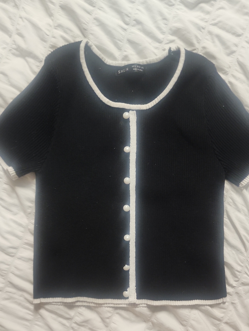 SHEIN Black Knit Cardigan with White Trim and Pearl Buttons